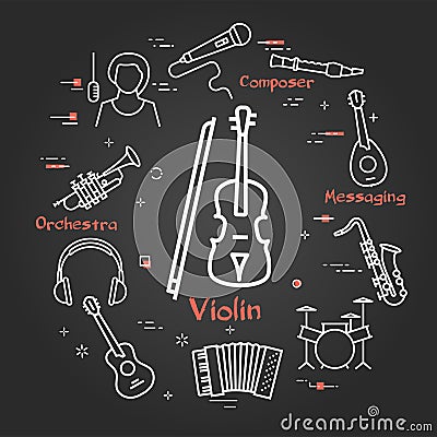 Vector black linear banner for music - violin and bow Vector Illustration