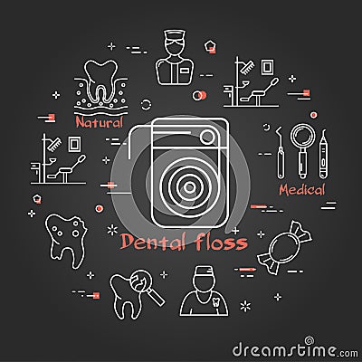 Vector black linear round banner - dental floss, health care Vector Illustration