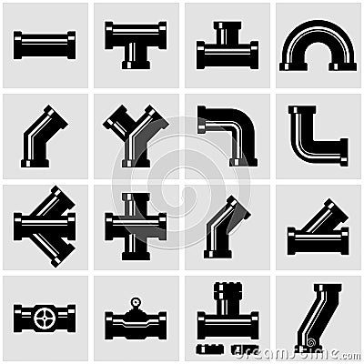 Vector black pipe fittings icon set Stock Photo