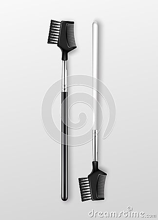 Vector Black Professional Makeup Eyelash Eyebrow comb Brush with Black White Handles Isolated on White Background Vector Illustration