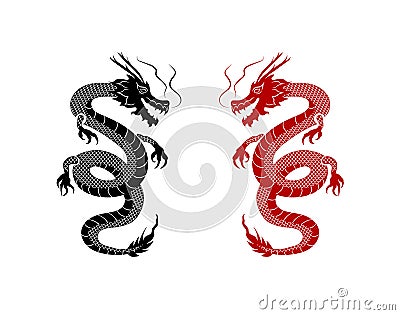 Vector Black and Red Oriental Dragons on White Background, Tattoo Art, Graphic Elements. Vector Illustration