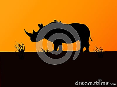 Vector black rhino silhouette background sunset Vector Illustration