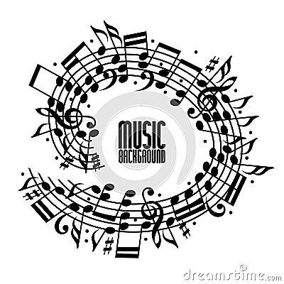 Vector black rounded stave with musical notes on white background, decorative musical notation. Vector Illustration