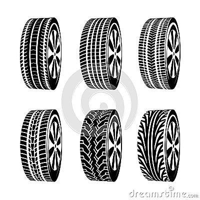 Vector black rubber tyre texture. Black tire design car texture silhouette Vector Illustration