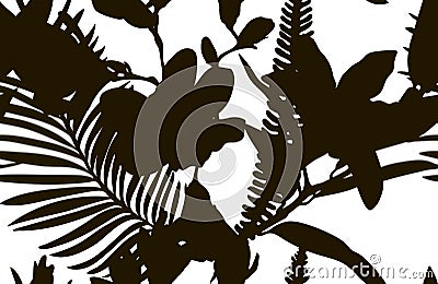 Black Shape Seamless Pattern with Drawn Flowers Plants Vector Illustration
