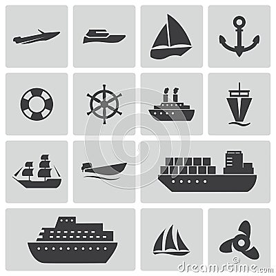 Vector black ship and boat icons set Vector Illustration