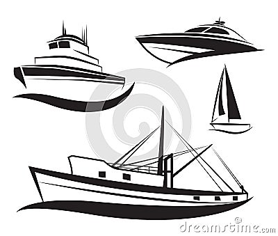 Vector black ship and boat set. Vector Illustration
