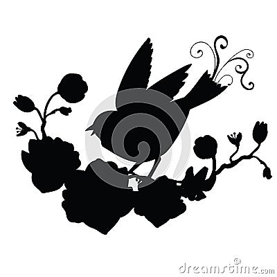 Vector black silhouette songbird and flower composition Vector Illustration