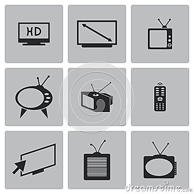 Vector black TV icons set Vector Illustration