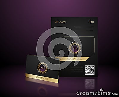 Vector black vip card presentation with golden frame. VIP membership or discount card. Luxury club ticket. Elite black coupon Vector Illustration