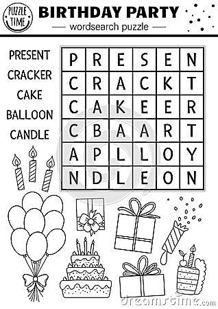 Vector black and white Birthday party wordsearch puzzle for kids. Simple holiday crossword with present, cake, balloon, candle. Vector Illustration