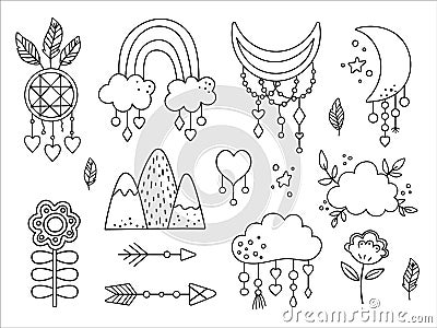 Vector black and white boho elements collection. Bohemian half moon, dream catcher, flowers, arrows, cloud, feathers isolated on Vector Illustration