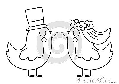 Vector black and white bride and groom birds in veil with flowers and hat. Cute wedding line animals. Funny marriage clipart Vector Illustration