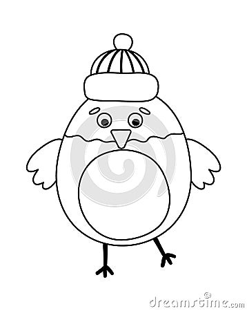 Vector black and white bullfinch in hat. Cute winter bird illustration. Funny Christmas card design. New Year line icon with Vector Illustration