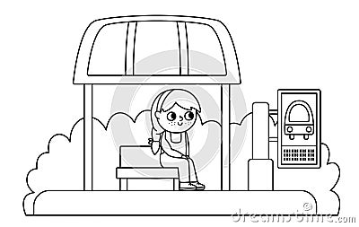 Vector black and white bus stop icon with waiting girl. Cartoon public transport station. City or countryside transportation Vector Illustration