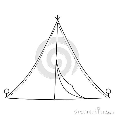 Vector black and white camping tent. Forest teepee line icon isolated on white background. Nature outdoor travel equipment. Vector Illustration