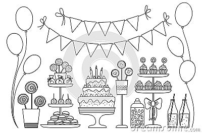 Vector black and white candy bar. Cute outline birthday meal with cake, candles, cupcakes, cake pops, jelly beans, flags. Funny Vector Illustration