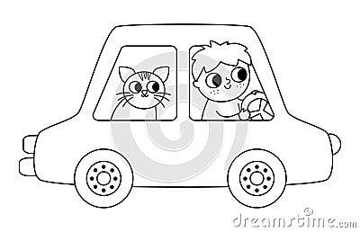 Vector black and white car with driver and cat. Funny automobile for kids with boy and pet. Cute vehicle line clip art with Vector Illustration
