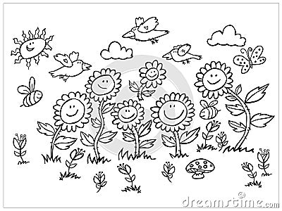 Vector black and white cartoon sunflowers, birds and bees illustration. Suitable for greeting cards or colouring Vector Illustration