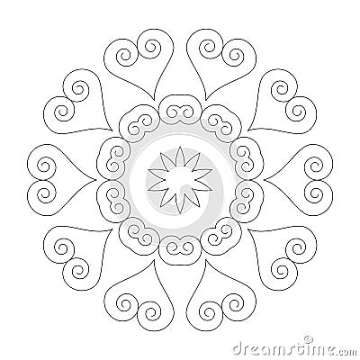 Vector black and white round simple mandala with cute loving hearts and art nouveau ornaments - adult coloring book page Vector Illustration