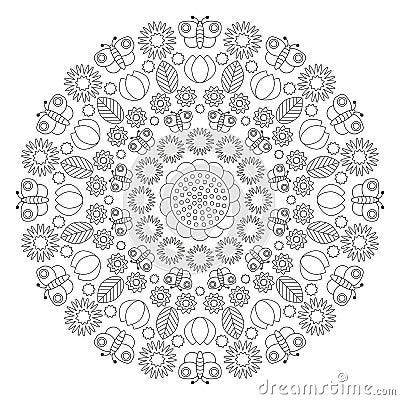 Vector black and white spring mandala with butterflies, flowers, leaves, tulips - adult coloring book page Vector Illustration