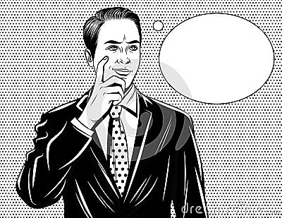 Vector black and white comic style illustration of a manager thinking. Cartoon Illustration