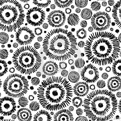 Vector Black and White Decorative Ikat Doodle Circles Abstract Seamless Repeat Pattern Background. Great for handmade Vector Illustration