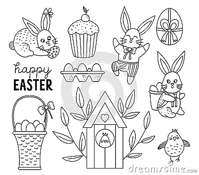 Vector black and white Easter bunnies set with basket, chicken, cake, carrots. Outline spring rabbits illustration. Christian Vector Illustration