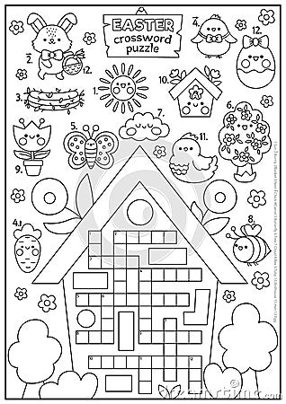 Vector black and white Easter country house shaped crossword puzzle for kids. Spring holiday line quiz. Coloring page with kawaii Vector Illustration