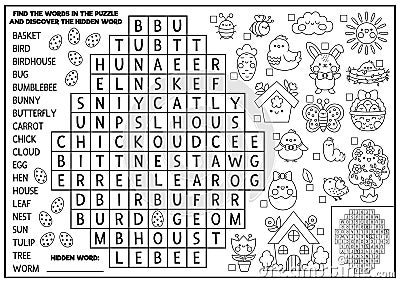 Vector black and white Easter egg shaped word search puzzle for kids. Spring holiday quiz for children. Coloring page with kawaii Vector Illustration