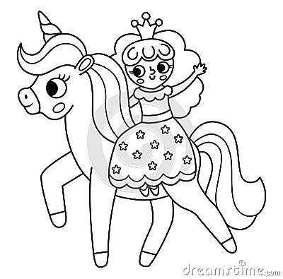 Vector black and white fairy icon. Fantasy outline sorceress with crown riding a unicorn. Fairytale line character in dress with Vector Illustration