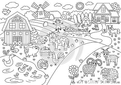 Vector black and white farm landscape illustration. Outline rural village scene with animals, barn. Cute nature background with Vector Illustration