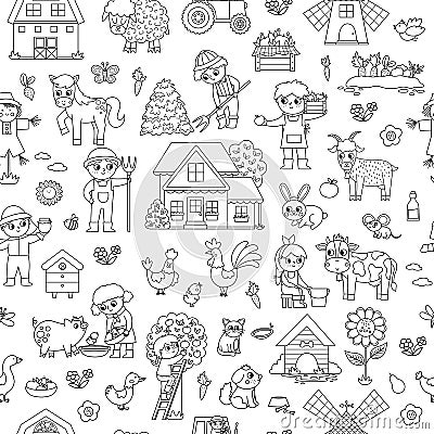 Vector black and white farm seamless pattern. Rural countryside outline repeat background with funny farmers, barn, animals, birds Vector Illustration