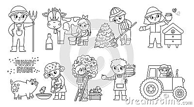 Vector black and white farmers set. Cute kids doing agricultural work. Rural outline country scenes. Children gathering hay, Vector Illustration