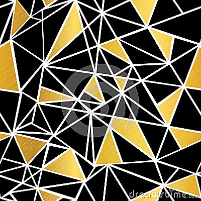 Vector Black, White, and Gold Foil Geometric Mosaic Triangles Repeat Seamless Pattern Background. Can Be Used For Fabric Vector Illustration