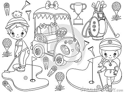 Vector Golf Set with Cute little Girls Playing Golf and Golf Accessories Vector Illustration