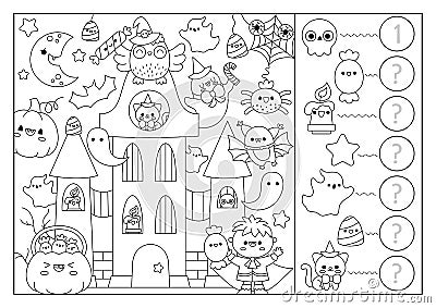 Vector black and white Halloween searching game with haunted house and kawaii characters. Spot hidden objects, say how many. Vector Illustration