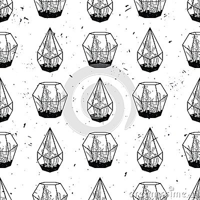 Vector black and white hand drawn seamless pattern with cactuses and succulents in terrariums on grunge texture. Modern Vector Illustration