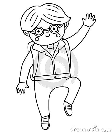 Vector black and white happy boy jumping with joy with hands up. Outline back to school character illustration. Funny pupil in Vector Illustration