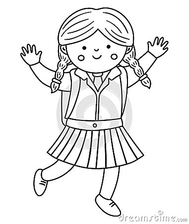 Vector black and white happy girl jumping with joy with hands up. Outline back to school character illustration. Funny pupil in Vector Illustration