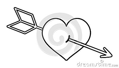 Vector black and white heart with arrow shot through. Saint Valentineâ€™s day symbol. Funny element with love concept isolated on Vector Illustration