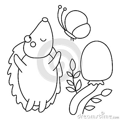 Vector black and white hedgehog catching a butterfly near mushroom. Funny line autumn scene with prickly animal having fun. Cute Vector Illustration