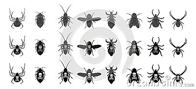 Vector black and white icons of various insects. Insects that harm people Vector Illustration