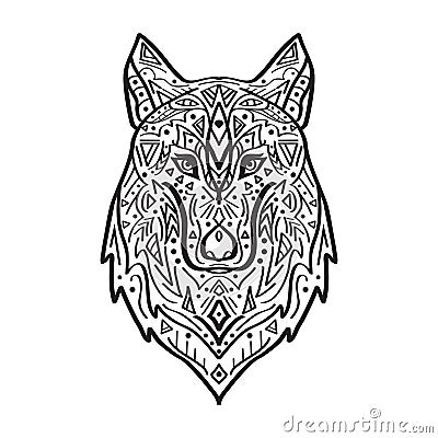 Vector black and white illustration of tribal style wolf with ethnic ornaments Vector Illustration