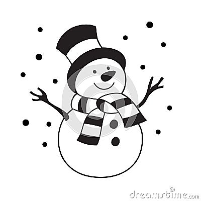 Vector black and white illustration. Cute white snowman cut out on white background Vector Illustration