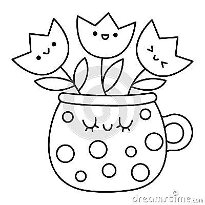 Vector black and white kawaii pot with tulips icon for kids. Cute line Easter symbol illustration or coloring page. Funny cartoon Vector Illustration