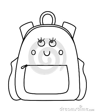 Vector black and white kawaii schoolbag illustration. Outline back to school educational clipart. Cute outline style smiling Vector Illustration