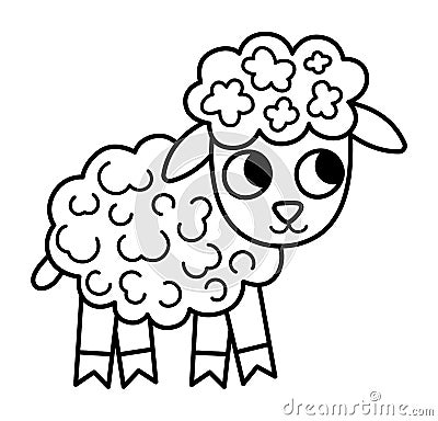 Vector black and white lamb icon. Cute outline cartoon little sheep illustration for kids. Farm animal baby isolated on white Vector Illustration