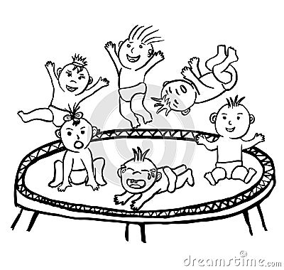 Vector black and white linear sketch of funny babies jumping on a trampoline. Simple clipart of children playing in different Vector Illustration