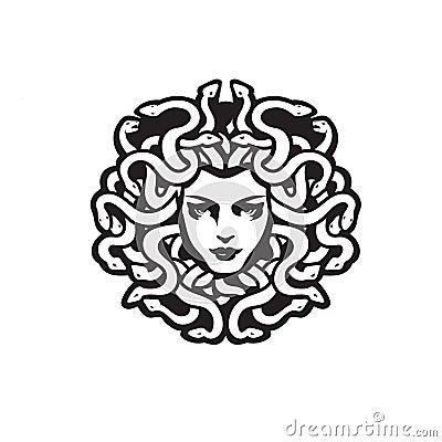 Vector Black and White Medusa Gorgon Woman Head with snakes Illustration Vector Illustration